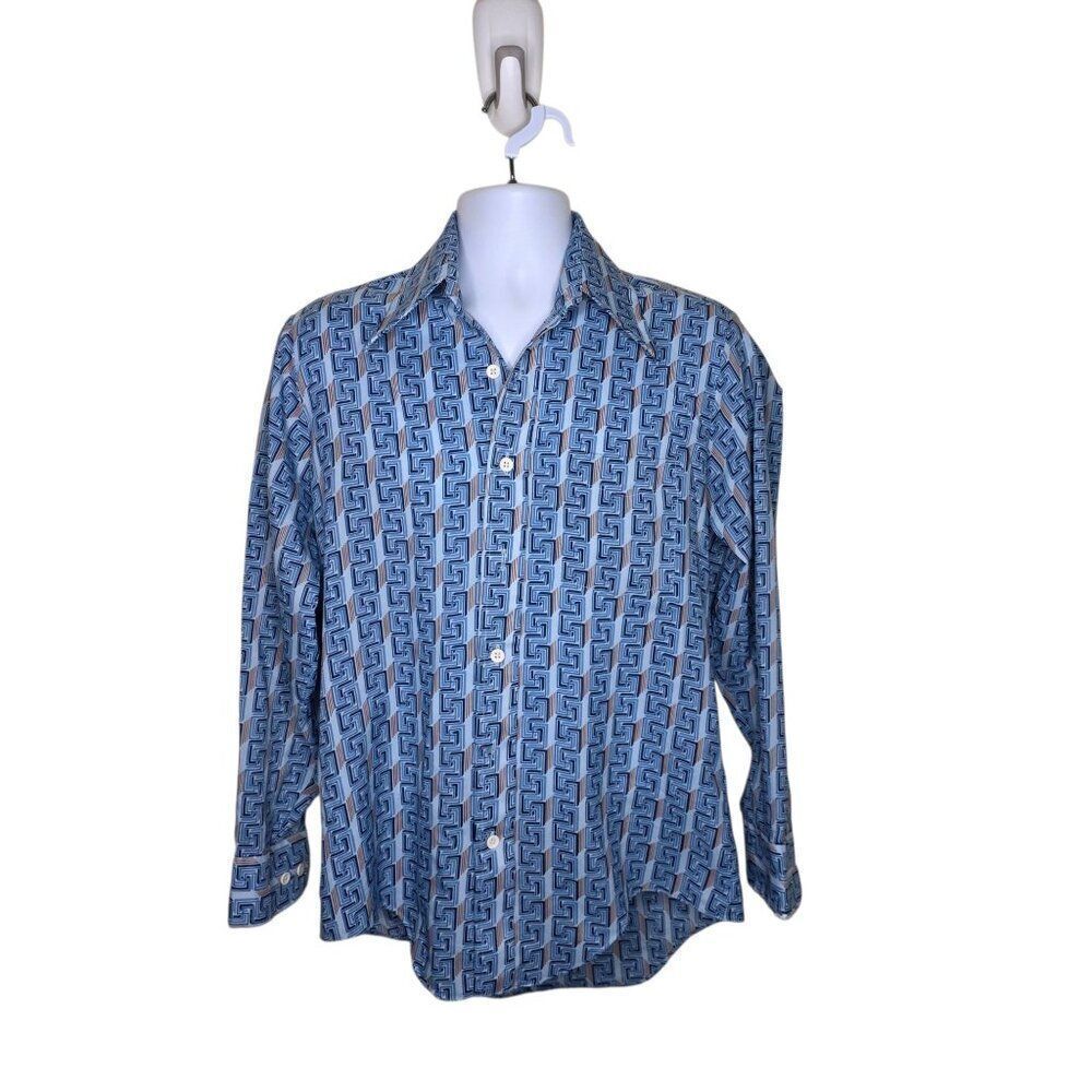 Vintage 70s Disco Shirt Mens Size M Blue Polyester Butterfly Collar Greek Key